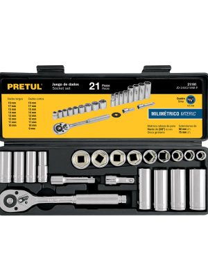 21191 - Juego de 21 herramientas 3/8' mm para mecánico, Pretul