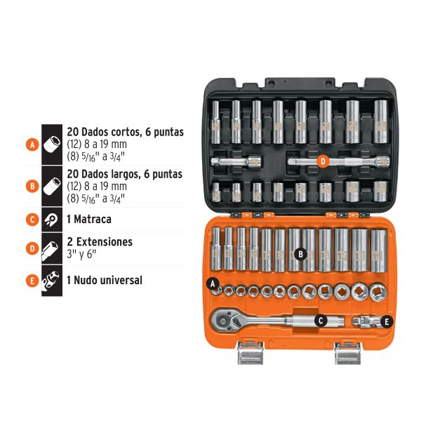 102410 - Juego de 45 herramientas cuadro 3/8' std y mm para mecánico