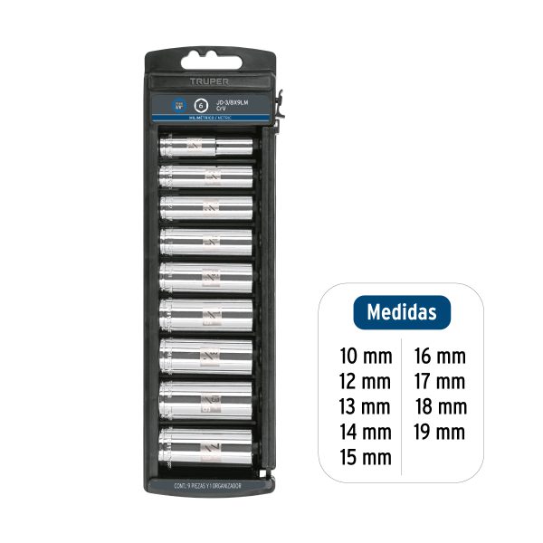 14173 - Juego de 9 dados largos cuadro 3/8' mm, Truper