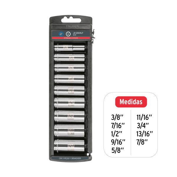 14172 - Juego de 9 dados largos cuadro 3/8' std, Truper