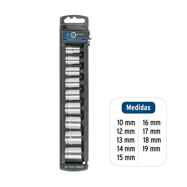 13952 - Juego de 9 dados cuadro 3/8' mm, Truper
