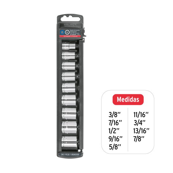 13950 - Juego de 9 dados cuadro 3/8' std, Truper