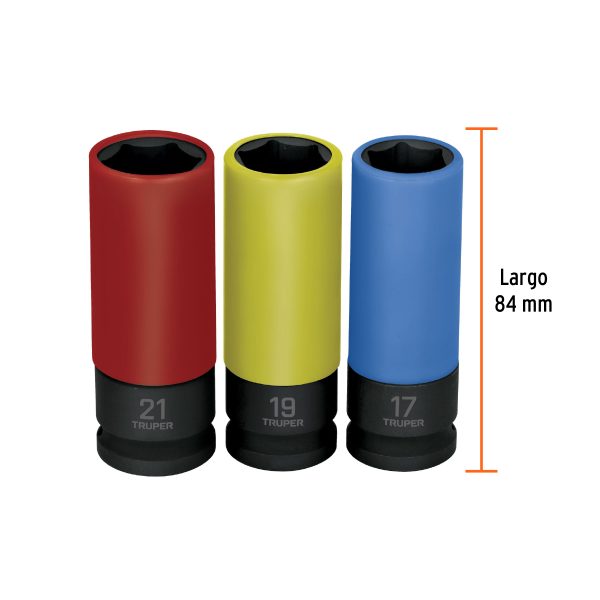 100942 - Juego 3 dados largos 1/2' impacto protección plástica 6p mm