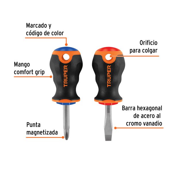 19624 - Dúo de desarmadores 1/4' x 1-1/2' mango Comfort Grip, Truper