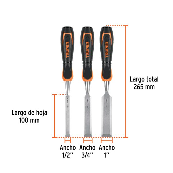 17759 - Juego de 3 formones mango Comfort Grip, Truper