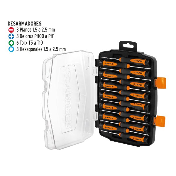 14157 - Juego con 15 desarmadores largos de precisión, Truper