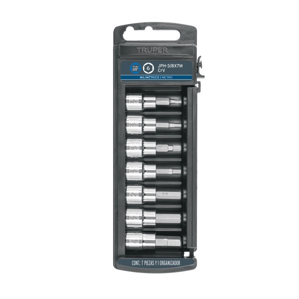 14170 - Juego de 7 dados cuadro 3/8' punta hexagonal mm, Truper