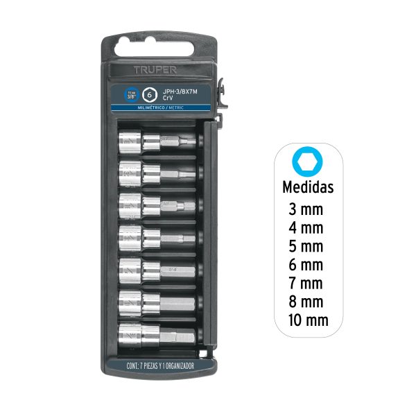14170 - Juego de 7 dados cuadro 3/8' punta hexagonal mm, Truper