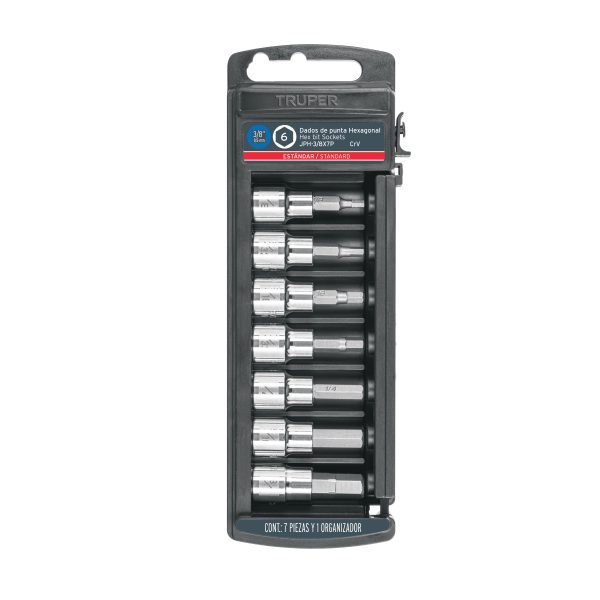 14169 - Juego de 7 dados punta hexagonal std, cuadro 3/8', Truper