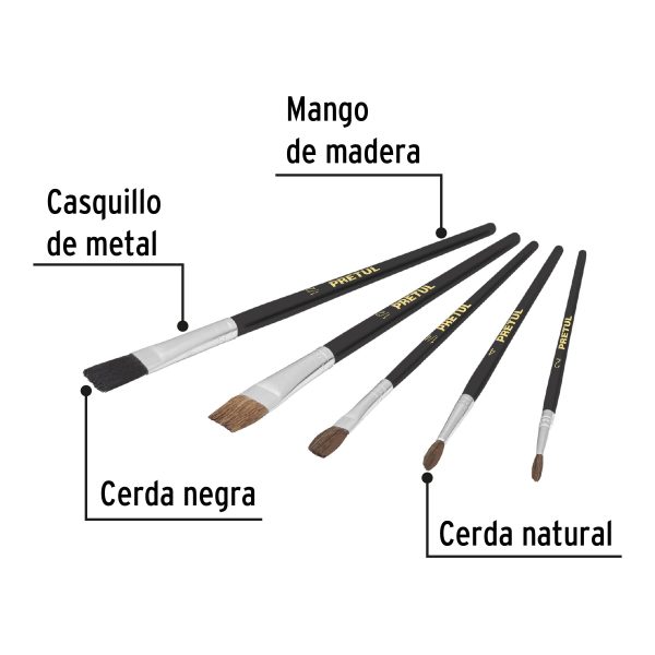 24740 - Juego de pinceles en blíster con 5 piezas, PRETUL