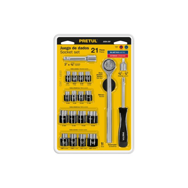 21162 - Juego de 21 herramientas 1/4' y 3/8' para mecánico, Pretul