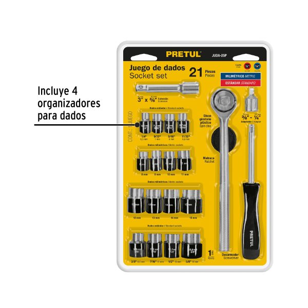 21162 - Juego de 21 herramientas 1/4' y 3/8' para mecánico, Pretul