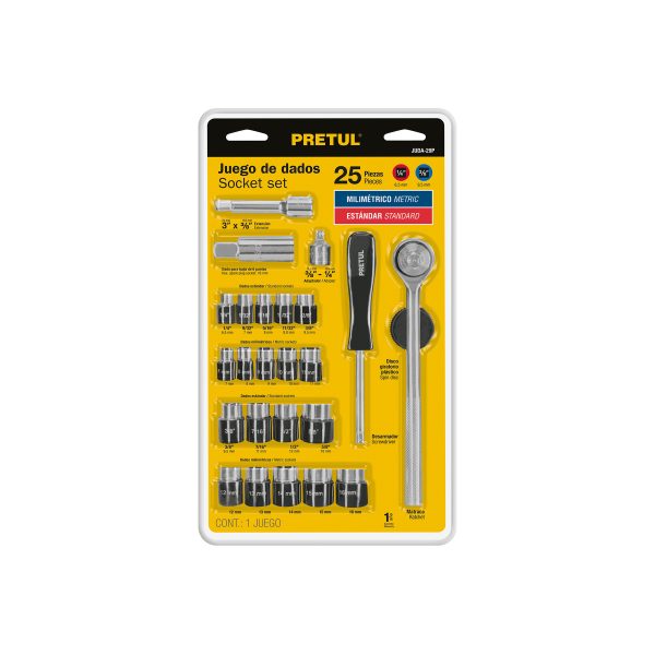 23974 - Juego de 25 herramientas 1/4' y 3/8' para mecánico, Pretul
