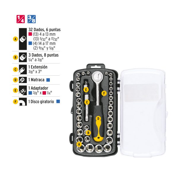 23969 - Juego de 39 herramientas 1/4' y 3/8' para mecánico, Pretul