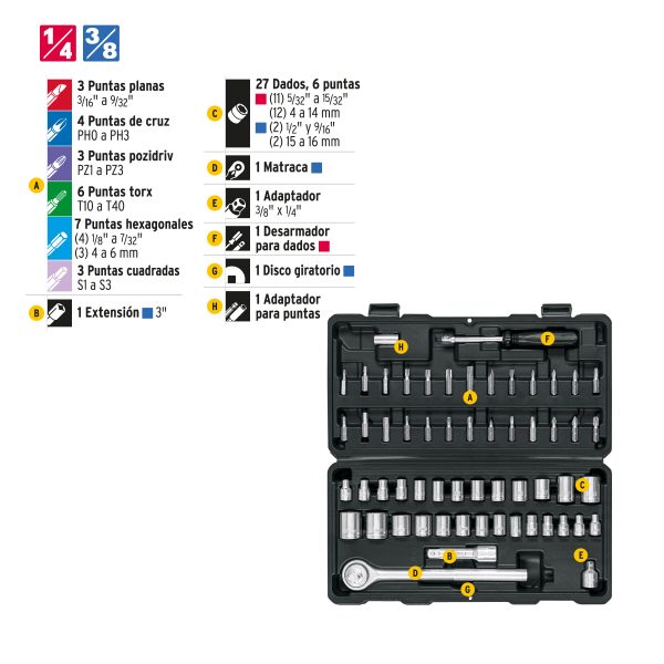 26090 - Juego de 60 herramientas 1/4' y 3/8' para mecánico, Pretul