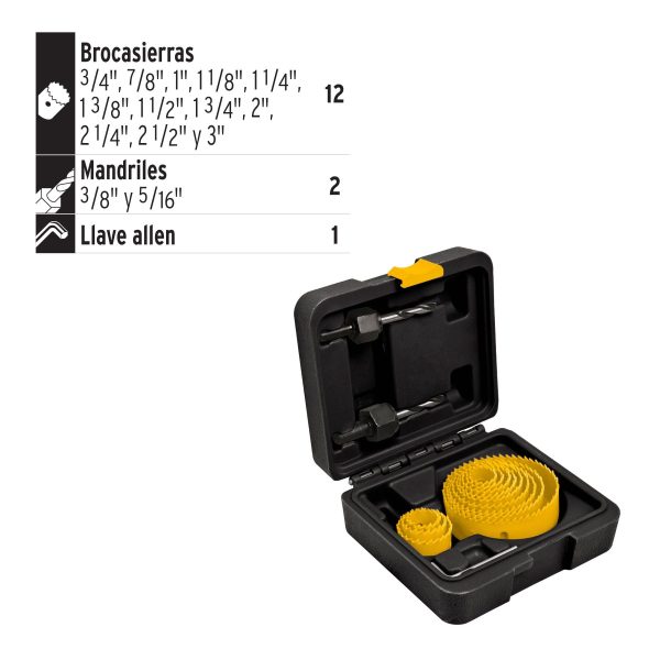 26037 - Juego de 12 brocasierras, 2 mandriles y llave allen, Pretul