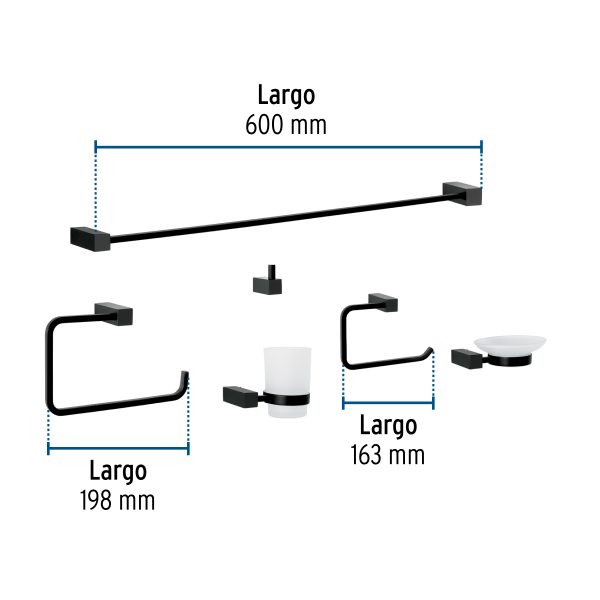 44332 - Juego de 6 accesorios para baño, negro, FOSET KUBO
