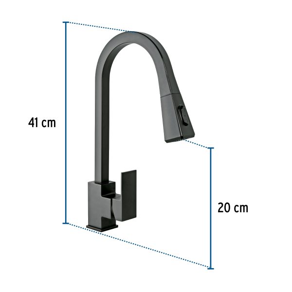 44227 - Monomando nariz retráctil para fregadero,negro, FOSET KUBO