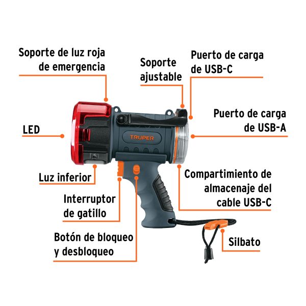 102418 - Linterna reflectora LED 2000 lm, recargable, TRUPER