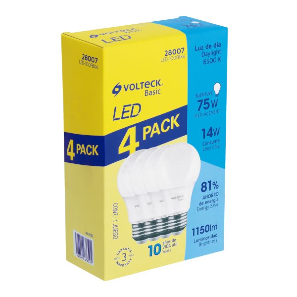 28007 - Pack de 4 lámparas LED A19 14 W (equiv. 75 W), luz de día