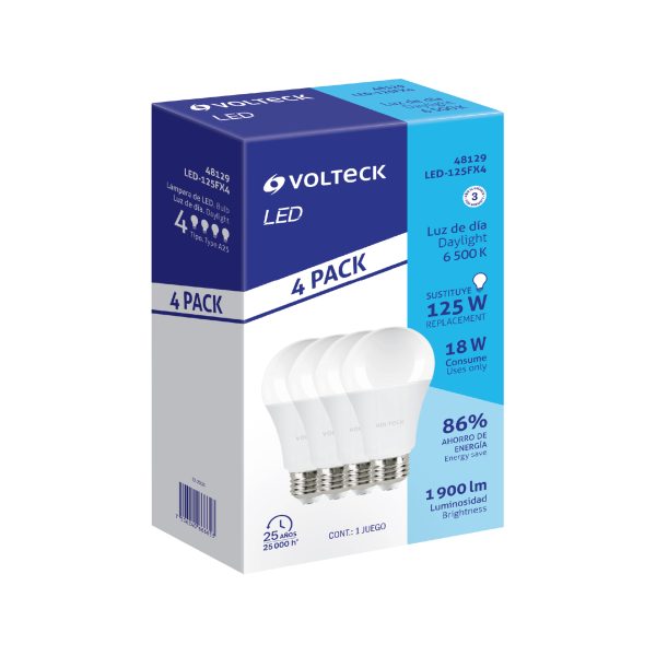 48129 - Pack de 4 lámparas LED A19 18 W (equiv. 125 W), luz de día