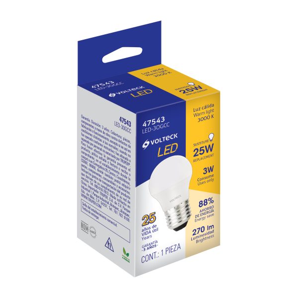 47543 - Lámpara LED G45 3 W (equiv. 25 W), luz cálida, caja, Volteck