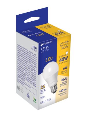 LED-40CCE1.jpg 47545 - Lámpara LED tipo bulbo A19 6 W luz cálida, caja, Volteck