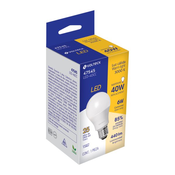 47545 - Lámpara LED tipo bulbo A19 6 W luz cálida, caja, Volteck