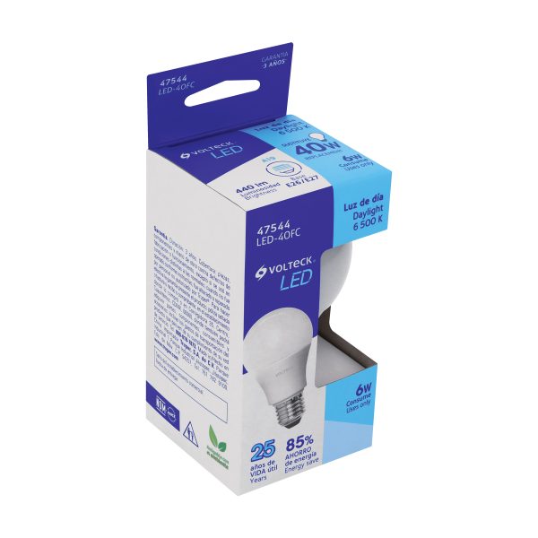 47544 - Lámpara LED tipo bulbo A19 6 W luz de día, caja, Volteck