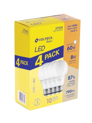 27210 - Pack de 4 lámparas LED A19 8 W (equiv. 60 W), luz cálida