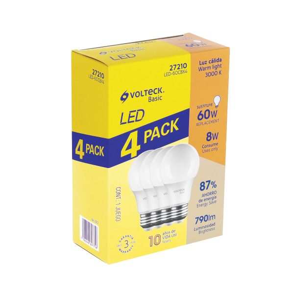 27210 - Pack de 4 lámparas LED A19 8 W (equiv. 60 W), luz cálida