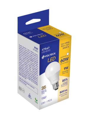 LED-60CCE1.jpg 47547 - Lámpara LED A19 9 W (equiv. 60 W), luz cálida, caja, Volteck