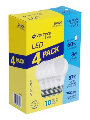 LED-60FBX4.jpg 28005 - Pack de 4 lámparas LED A19 8 W (equiv. 60 W), luz de día