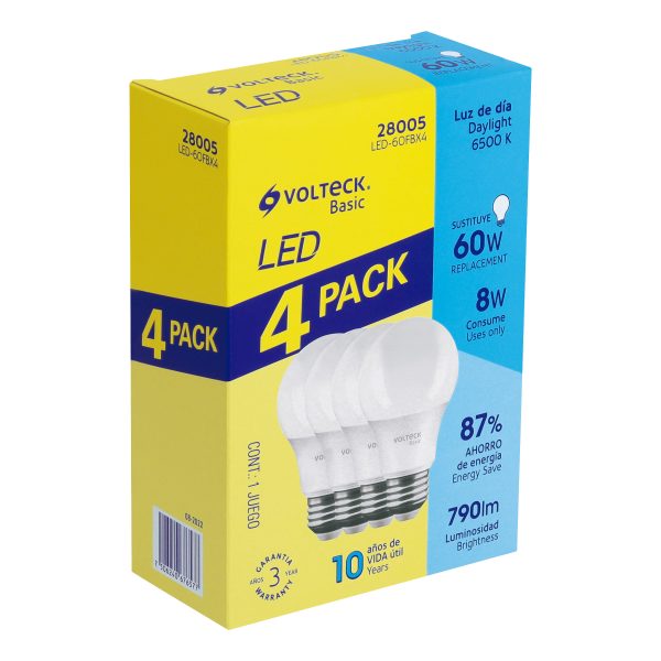 28005 - Pack de 4 lámparas LED A19 8 W (equiv. 60 W), luz de día