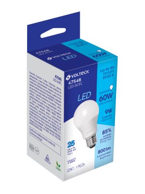 LED-60FCE1.jpg 47546 - Lámpara LED A19 9 W (equiv. 60 W), luz de día, caja, Volteck