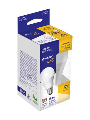 LED-75CCE1.jpg 47549 - Lámpara LED A19 12 W (equiv. 75 W), luz cálida, caja Volteck