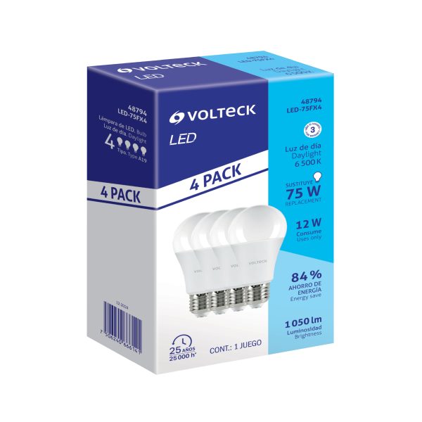 48794 - Pack de 4 lámparas LED A19 12 W (equiv. 75 W), luz de día
