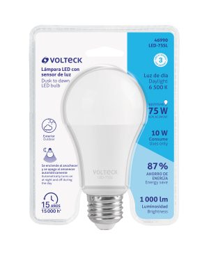 LED-75SLE1.jpg 46990 - Lámpara LED tipo bulbo A19 10 W con sensor de luz, Volteck