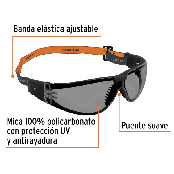 100293 - Lentes de seguridad, gris con banda elástica, Active, Truper