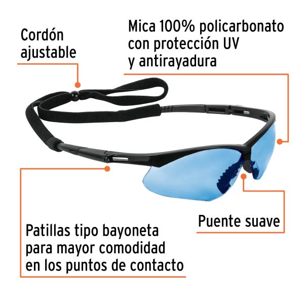 15176 - Lentes seguridad azul antiempaño c/cordón ajustable, Sport