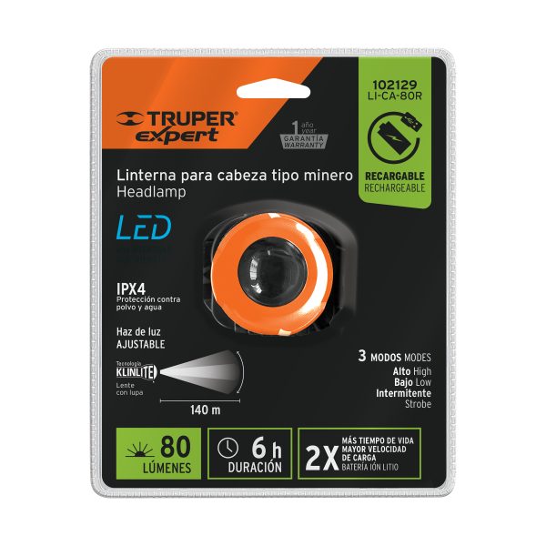 102129 - Linterna de minero LED 80 lm, recargable, TRUPER EXPERT