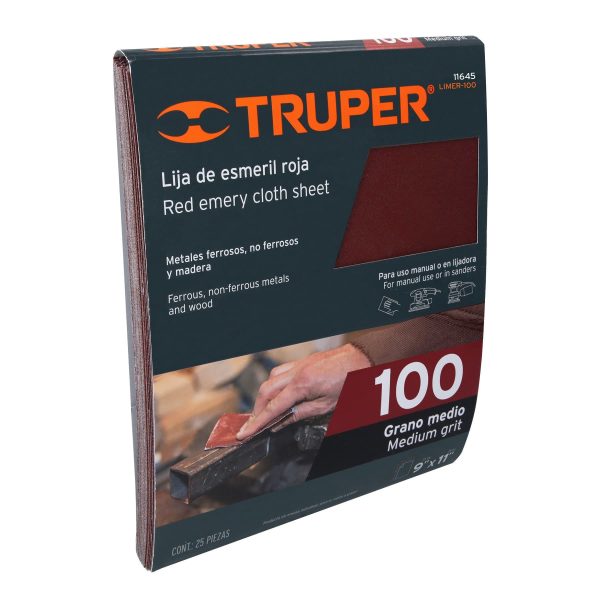 11645 - Lija de esmeril roja grano 100 de óxido de aluminio, Truper
