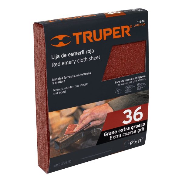 11640 - Lija de esmeril roja grano 36 de óxido de aluminio, Truper