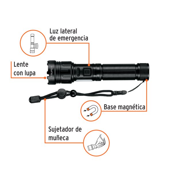 103088 - Linterna LED recargable c/luz de emergencia, 410 lm, Truper