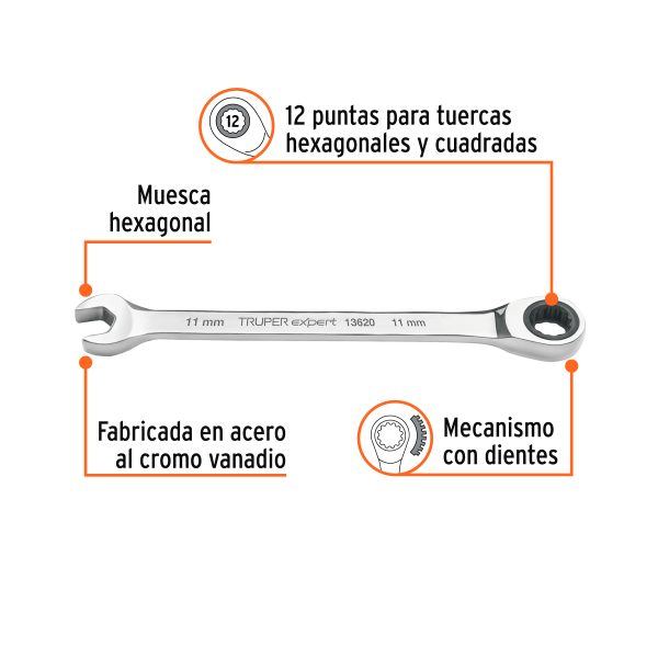 13620 - Llave combinada con matraca 11mm x 160 mm largo, Expert