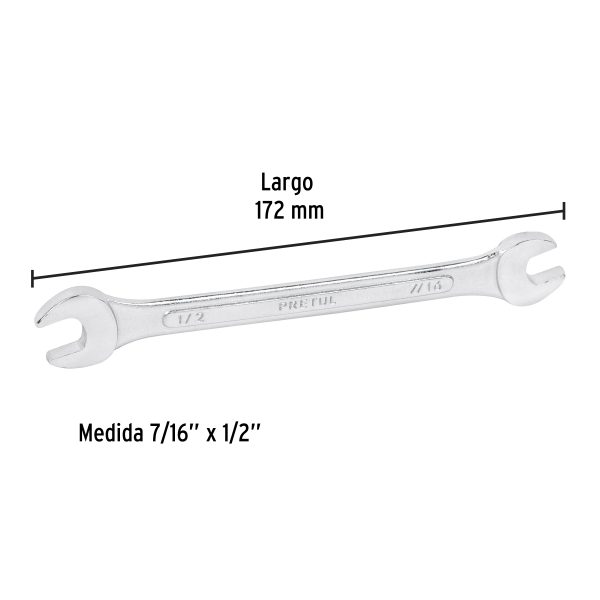 21953 - Llave española, 7/16 x 1/2' x 172 mm de largo, PRETUL