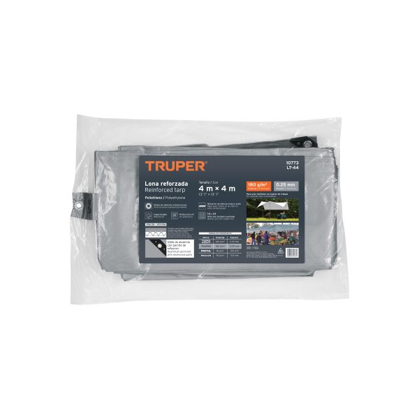 10773 - Lona de polietileno reforzada 4 x 4 m, gris, 180g/m2, TRUPER