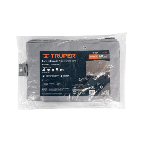15364 - Lona de polietileno reforzada 4 x 5 m, gris, 180g/m2, TRUPER