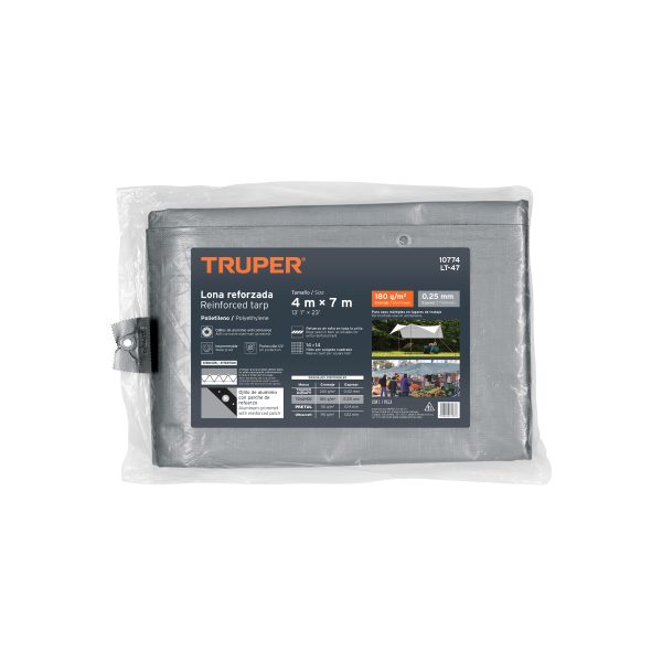 10774 - Lona de polietileno reforzada 4 x 7 m, gris, 180g/m2, TRUPER