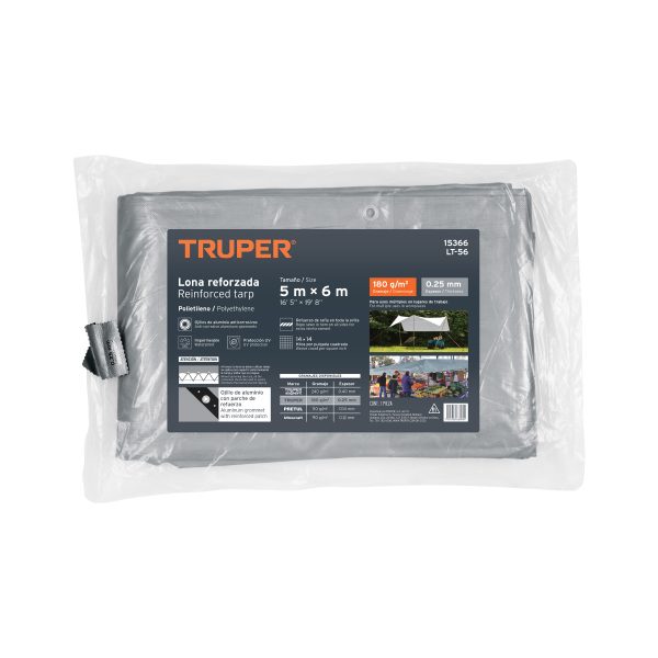 15366 - Lona de polietileno reforzada 5 x 6 m, gris, 180g/m2, TRUPER
